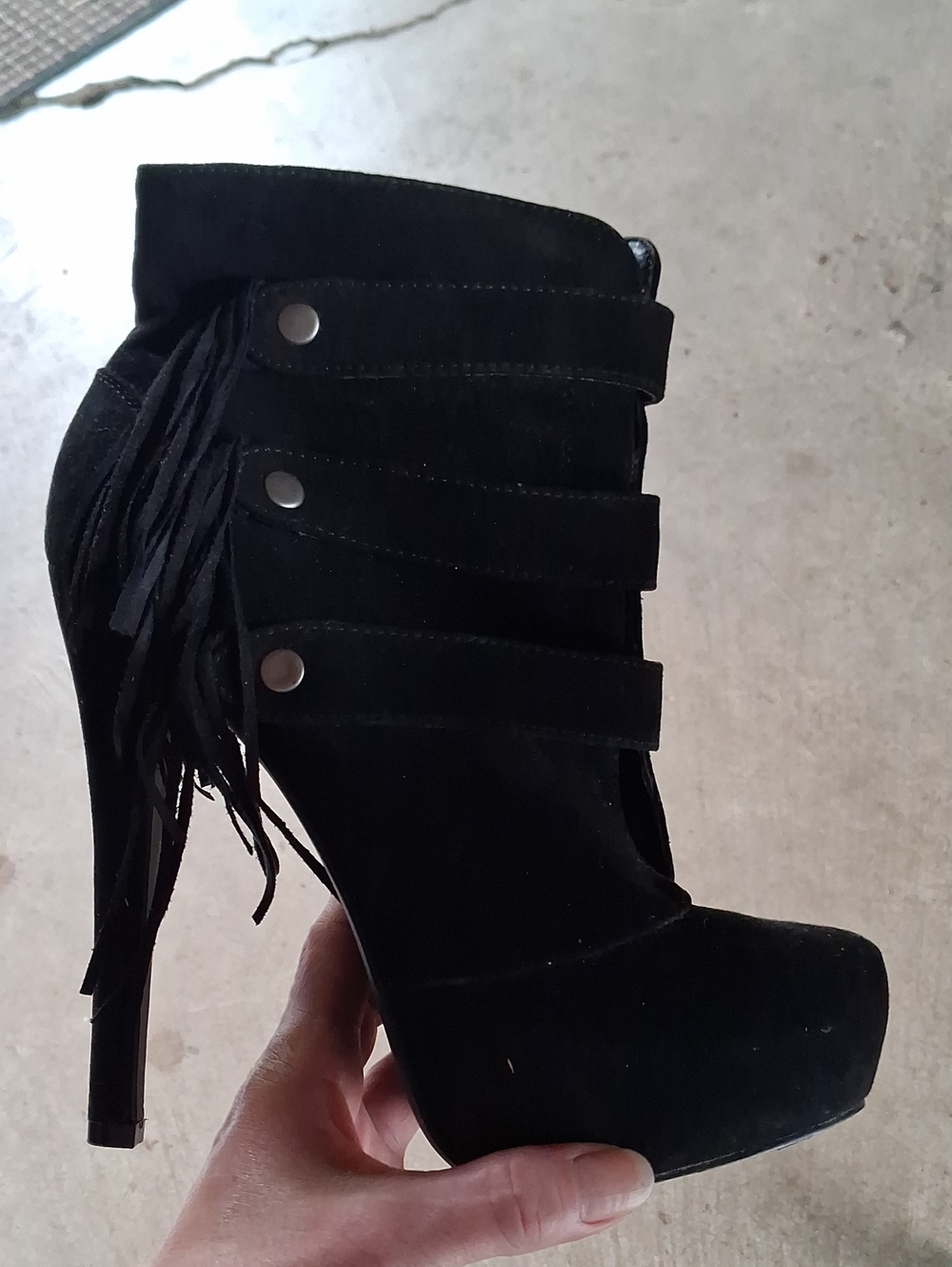 JustFab Black Suede Fringe High Heel Booties